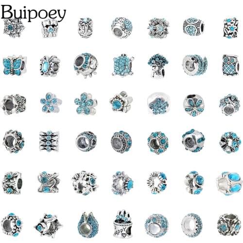 Buipoey Blue Crystal Flower Beads Shiny Round Silver Color Charm Fit Bracelets & Bangle Original Women Jewelry Accessory Beaded