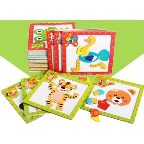 DHL 100set Jigsaw Wooden 3D Magnetic Puzzle Toy 15*15CM Cartoon Animals Traffic Puzzles Tangram Kids Educational Toy