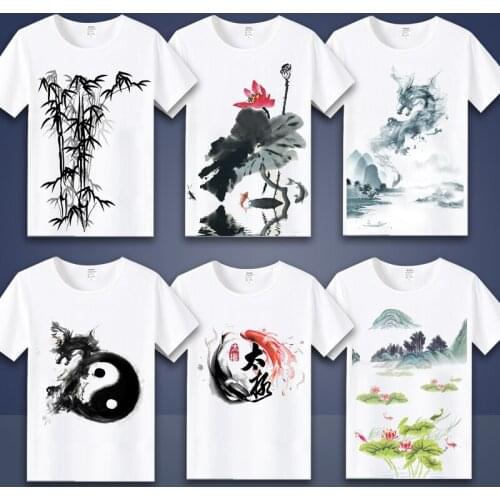 Chinese Style Landscape Canvas Painting T Shirt Mountain Boat Grass Print T-Shirt Women/Men Summer T Shirts Top Tee Costume