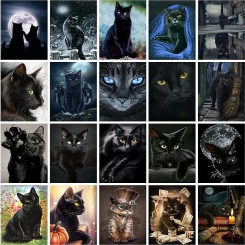 Huacan Full Square Diamond Art Painting Mosaic Black Cat Set Diamond Embroidery Cross Stitch Animal Home Decoration