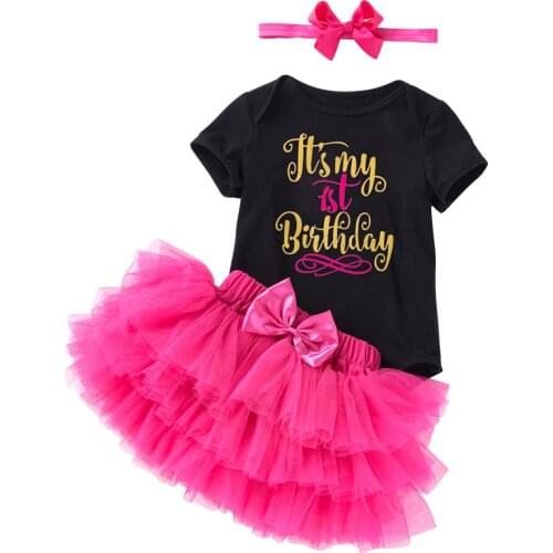Baby Girls Letters Print Princess Black Rompers+Bow Turban+Layered Tutu Skirt 3PCS Clothing Sets Rompers Summer Clothing Set