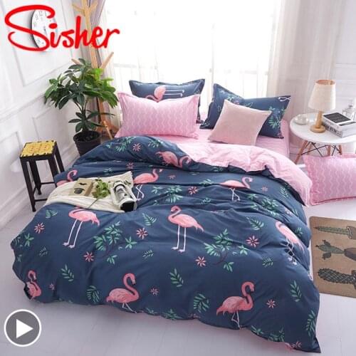 Sisher 3D Flamingo Cartoon Bedding Sets Family Bed Linen Simple Duvet Cover Set Quilt Covers Blue Green Bedclothes No Bed Sheet