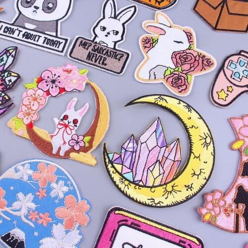 Rabbit Cartoon Patch On Clothes Iron On Patches For Clothing Stickers Moon Flowers Appliques Sewing Badge Patch On Dress DIY