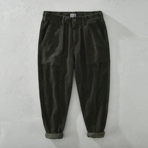 1633 Men Corduroy Pants Casual Japan Style Retro Loose Straight Thicken Outdoor Daily Artsy Simple Pleated Cargo Trousers Male