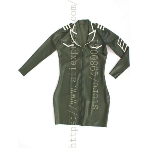 Novelty military uniform latex dress with front zip and shoulder board in army green color