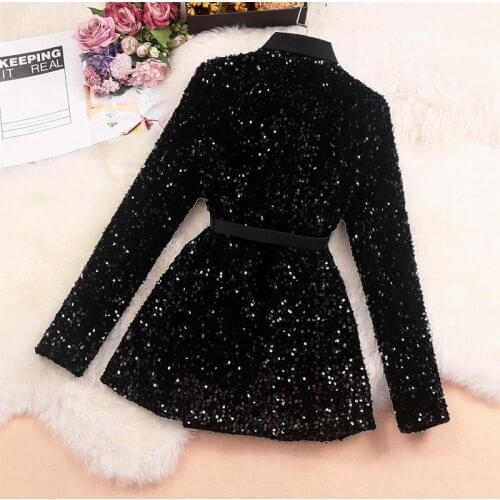 New Fashion Women Shiny Double-breasted Sequins Suit Jacket Female Cotton Coat Black Slim Fit Blazers Fall Clothes with Belt