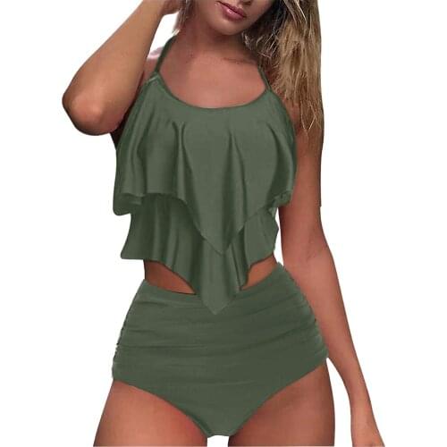 Plus Size 2 Piece Swimsuits Women Bandage Push-up Padded Flounce Tankini Swimwear Two Piece Double Flounce Top Tankini Wholesale