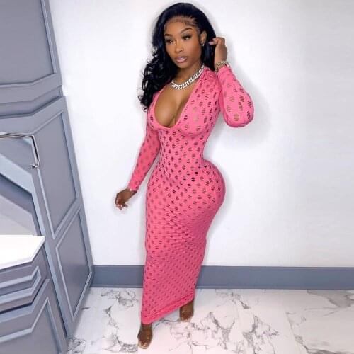 Sexy Fishnet V Neck Long Dress Women Hollow out See Through Club Party Dresses Fall Spring Long Sleeve Maxi Dress 2021 Clothes