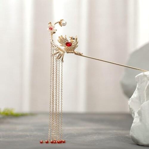 Traditional Han Chinese Clothing Hairpin Birdie Pattern Gold Tassels Antique Style Costume Hair Accessories TO