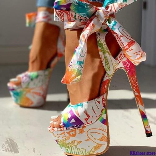 2020 Sexy Shoes Print Fetish High Heels Shoes Sandals Women Summer Party Platform Ankle-wrap Woman Sandals Female