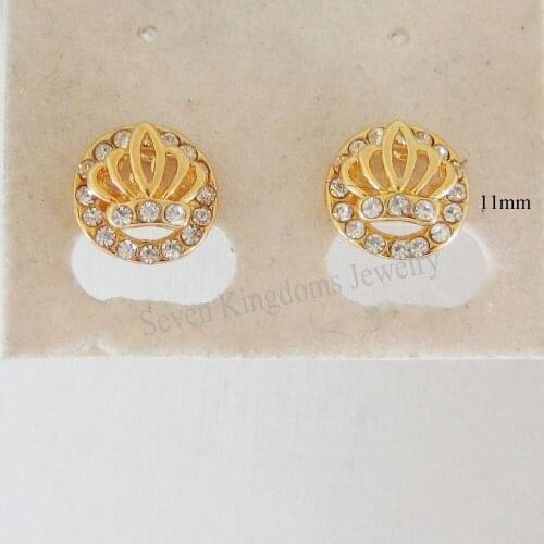 Woman Girl Trendy Jewelry NEW HIGH SHINNING CZ STONES CROWN ROUND YELLOW GOLD SOLID GP DIA 0.43" 11mm STUD EARRING Great Gifts