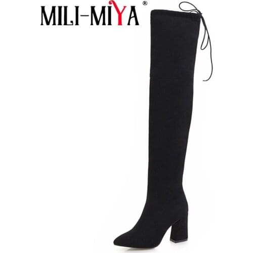 MILI-MIYA 2019 Women Over The Knee High Boots zipper Autumn Winter Shoes Square High Heel Pointed Toe Women Boots Size 34-43