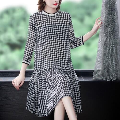 2021 Spring Vintage Houndstooth Chiffon Midi Dress Autumn Casual 3XL Plus Size Beach Dress Women Elegant Bodycon Party Vestidos