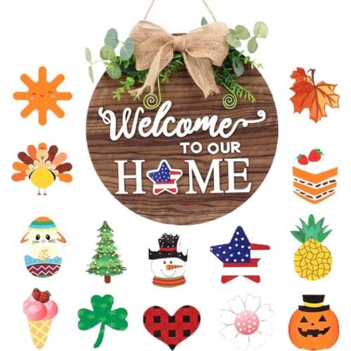 1 Set Door Sign Welcome to Our Home Pattern Interchangeable Wood Artificial Plants Magnetic Hanging Board for Home