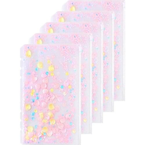 5 PCS Cute Glitter Sequins A6 Size Inner Pocket Standard 6 Hole File Holder Loose Leaf Clear PVC Zipper Binder Storage Pouch