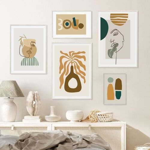 Abstract Boho Face Line Leaves Modern Posters Canvas Painting Wall Art Print Picture for Living Room Interior Home Decoration