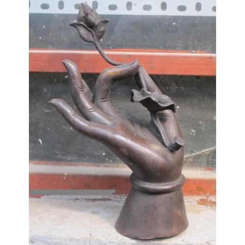 Bi002091 11"exquisite Buddhism Bronze handwork Alocasia guanyin lotus flower Buddha hand