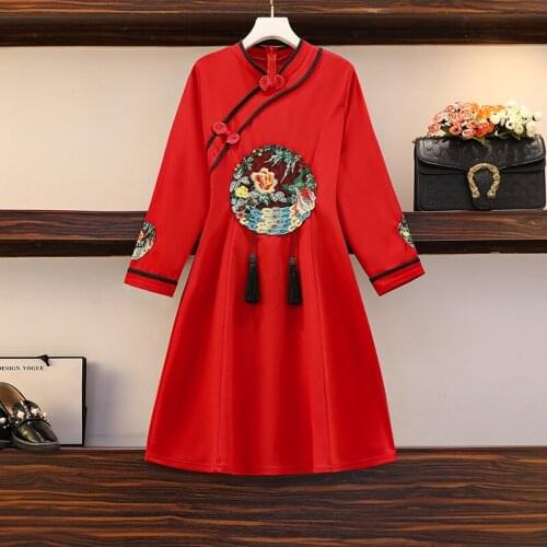 Plus size Women korean floral print dress women long sleeve a line bow neck chine dress High waist work wear office lady dress
