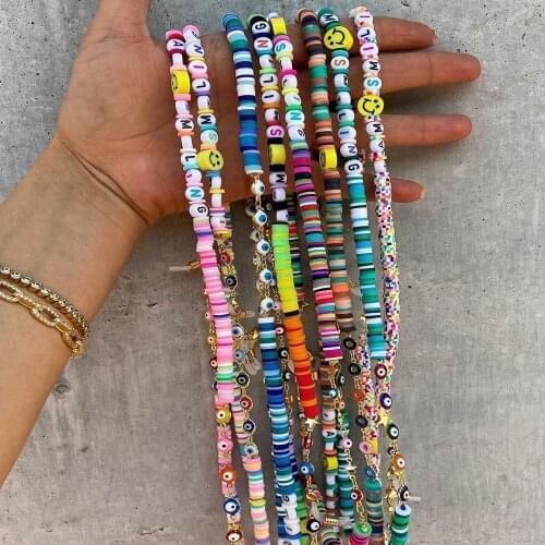 Go2Boho Chain For Mask Lanyard Straps Evil Eye Necklace Letter Necklaces Colorful Bead Women Jewelry Heishi Disc Chains Holder