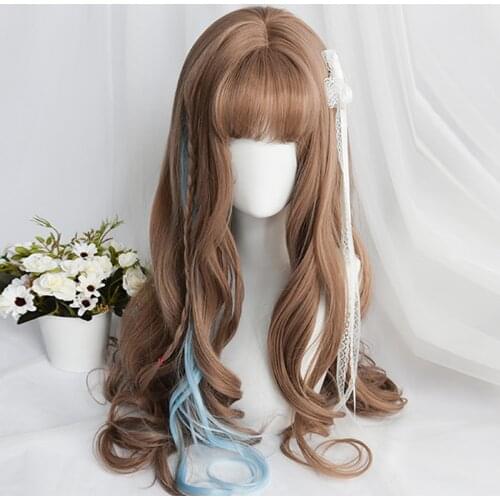 CosplayMix 55-68 CM Lolita Long Curly Ombre Pink Blonde Blue Gradient Bangs Cute Heat Resistant Ombre Synthetic Hair Cospl