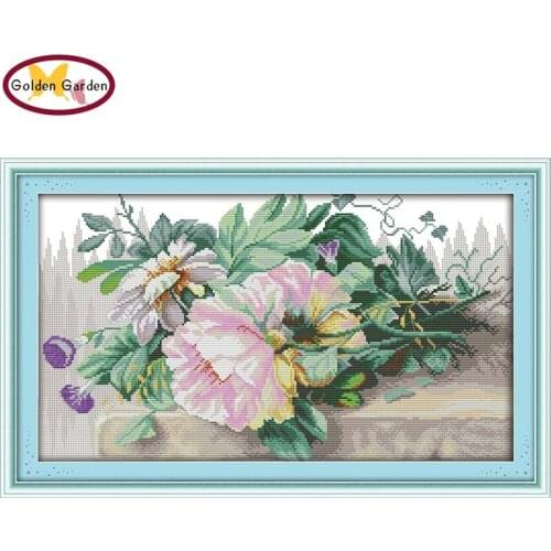 GG Flowers Stamped Cross Stitch Patterns DIY Kits 14ct Cotton Needlework Embroidery Sets Joy Sunday Cross Stitch for Home Decor