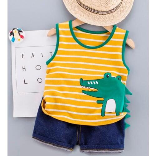 Summer Kids Baby Boys Girls Sets Sleeveless Lovely Cartoon Animal Top+denim Shorts Casual Wear Outfits Set Vestidos De Verano