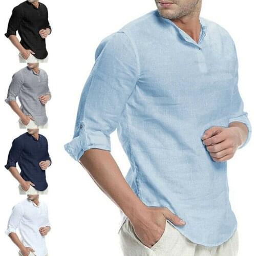 Summer Mens Cotton Linen T Shirt Casual Loose V Neck Long Sleeve Tops -OPK
