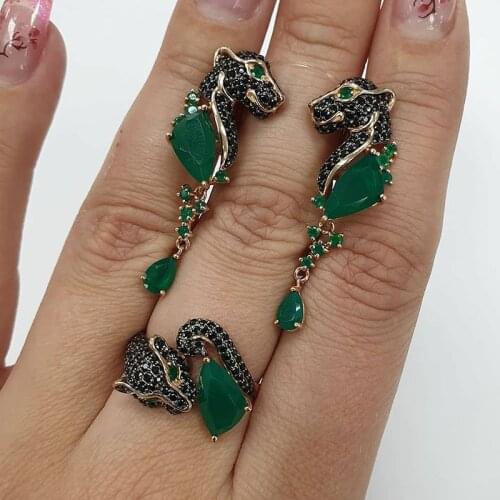 Fashion Vintage Black Leopard Head Wedding Rings Dange Earrings Green Crystal Engagement Jewelry Sets for Women Party Gifts