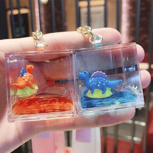 Cartoon Acrylic Square Liquid Floating Bottle Keyring Cartoon Cute Dinosaur Doll Keychain Car Bag Pendant Key Chains Gifts