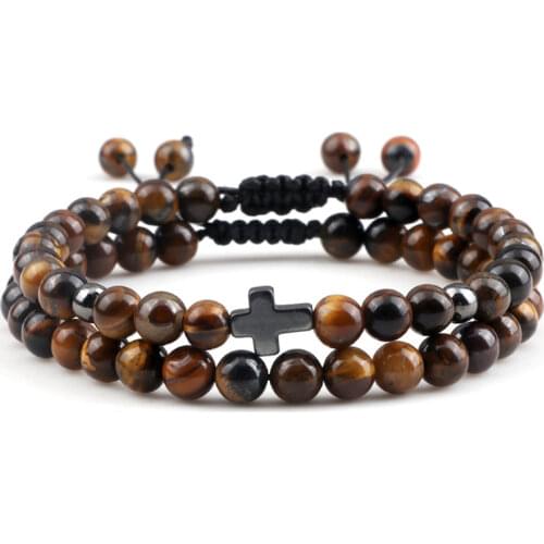 2pcs Men Bracelets 6mm Beads Natural Black Lava Tiger Eye Malachite Stone Cross Charm Prayer Braided Bracelet For Couple Jewelry