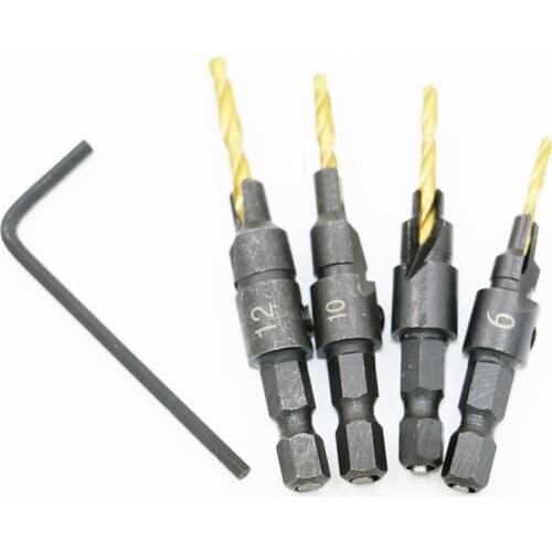 4pcs / set Quick Change Hex Shank Tapered Titanium Countersink Drill Cone Bit Set Hole Saw Woodworking Tools + Small wrench