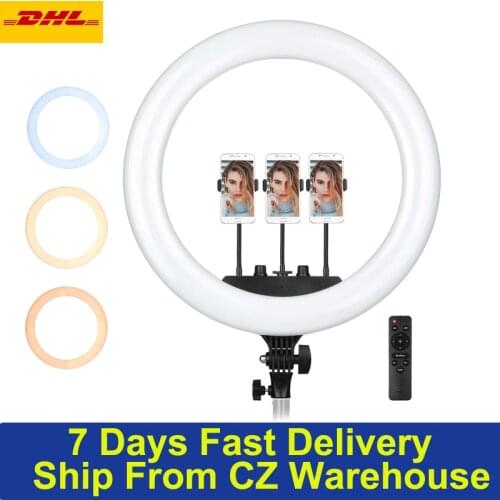 18 Inch studio LED Ring Light Photography Lamp Set Bi-color 3200K-5600K Stepless Dimmable with 3 Phone Holder Remote Control