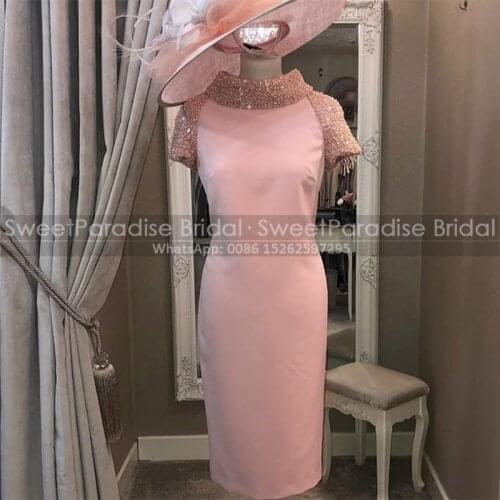 Shiny Beads Sheath Mother of the Bride Dresses With Short Sleeves 2021 Tea Length Jewel Neck Formal Party Dress Gown
