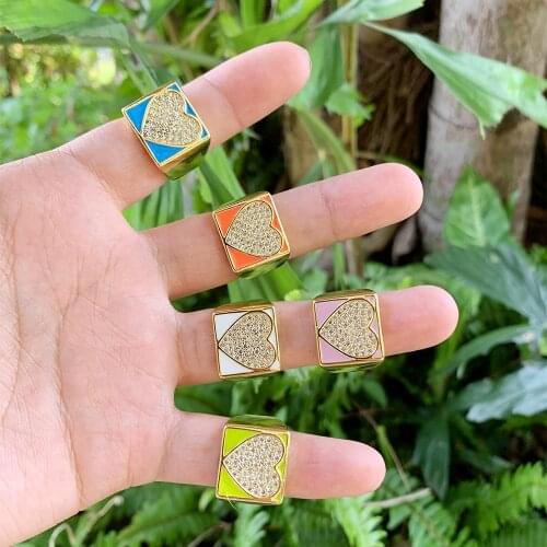 Square Shape CZ Star Carving Enamel Finger Ring Adjustable Brass Jewelry Fit For Girl/Women