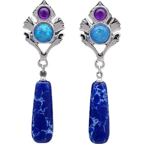 Bohemian Style 925 Silver Lapis Lazuli Gemstone Dangle Drop Earrings Bride Wedding Engagement Amethyst Opal Earrings for Women