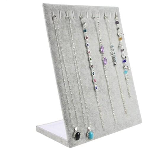 Gray Vevlet 11 Hook Necklace Pendant Display Bracelet Chain Storage Board Stand Jewelry Organizer Holder Case Rack