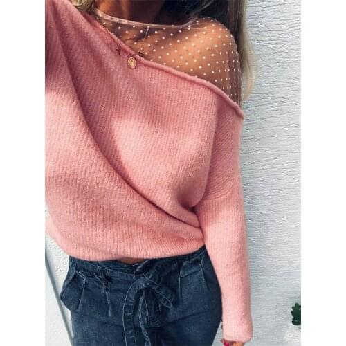 Lace-up Off Shoulder Knitted Pullovers Top HIRIGIN 2021 Women Dots Mesh Patchwork Sweaters Autumn Sexy Long Sleeve Round Neck