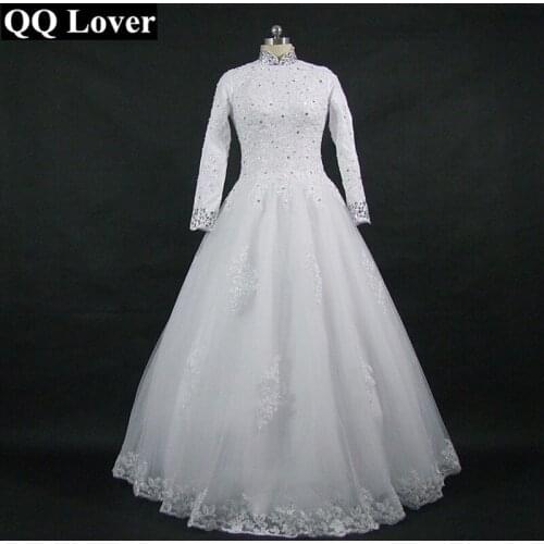 2020 High Neck Long Sleeve Wedding Dress Lace Sequined Appliques Muslim bridal gowns With Real Pictures