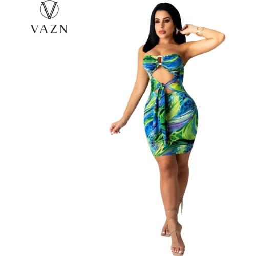 VAZN 2021 Summer Hollow Out Strapless Sleeveless Backless Sexy Beach Sweet Joker Young Female Young Women Thin Dress
