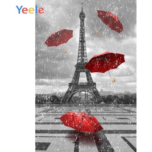 Yeele Eiffel Tower Red Umbrella Snow Floor Dark Cloud Photography Backgrounds Customized Photographic Backdrops for Photo Studio