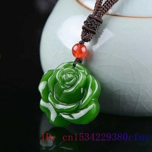 Green Jade Rose Pendant Necklace Gifts Charm Women Chinese Flower Fashion for Jadeite Men Jewelry Natural Amulet Carved