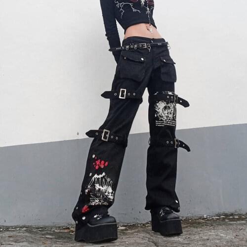 Women Gothic Punk Jeans Patchwork Pocket Skull Print Wide Leg Denim Trousers Fashion Baggy Techwear Pants Low Waist Cargo Jeans