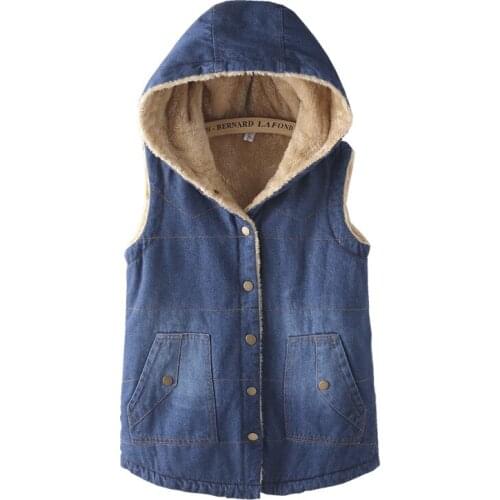 Autumn And Winter Plus Velvet Thickened Lamb Velvet Cotton Hooded Ladies Vest New Loose Denim Female Vest Waistcoat