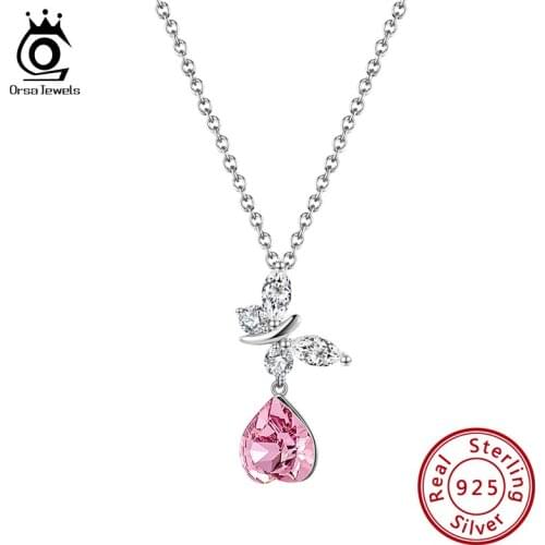 ORSA JEWELS Fashion Pink Austrian Crystal Pendants Necklace AAAA Butterfly CZ Elegant Womens Silver 925 Jewelry Necklace SWN05
