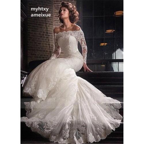 Romantic Tulle Off-the-shoulder Neckline Sexy Mermaid Wedding Dress 2020 Lace Appliques Plus Size Bridal Dress Vestidos De Novia
