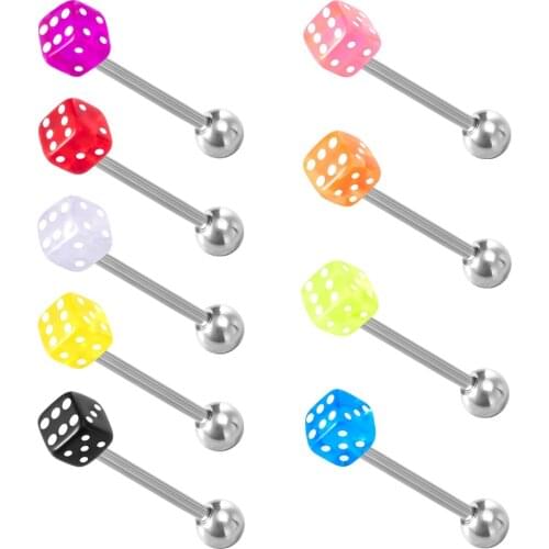 27PCS New Good Luck Dice Colorful Tongue Rings Acrylic Tongue Piercing Jewelry Women Surgical Steel Tongue Ring Bars Barbell 14G