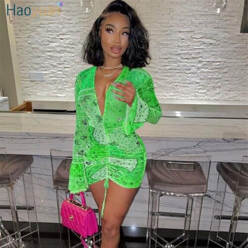 HAOYUAN Bandana Mesh Sheer Bodyocn Dress Birthday Club Outfits for Women Y2k Festival Long Sleeve Ruched Bandage Party Dresses