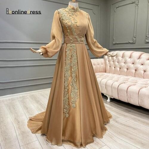 Bbonlinedress Appliques Moroccan Caftan Evening Dresses Embroidery Long Evening Dress Full Sleeve High Waist Arabic Muslim Dress
