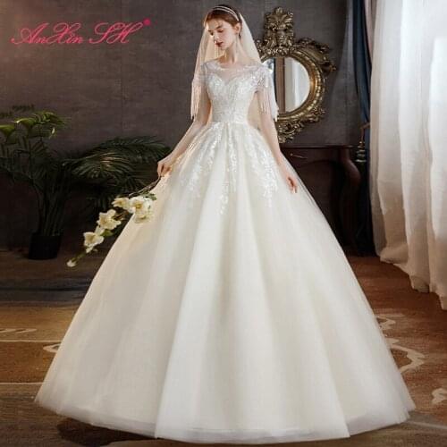 AnXin SH princess french retro flower white lace wedding dress vintage o neck illusion beading crystal bride wedding dress