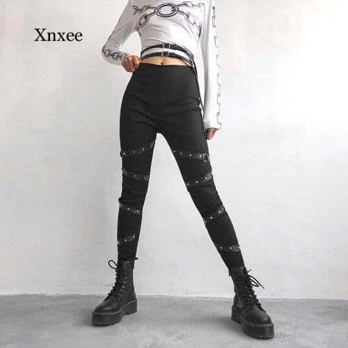 Pencil Pants Women Fashion Eyelet Pu Strap Patchwork Trousers High Waist Skinny Streetwear Cool Chic Female 2020 Pants